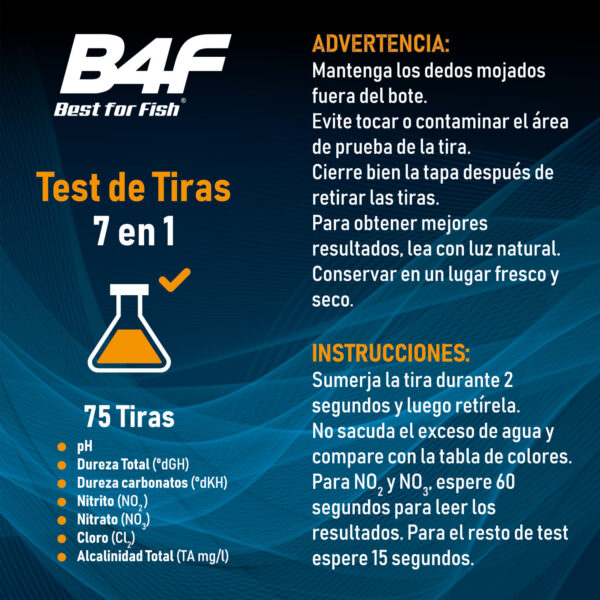 A tira de teste B4F 7 em 1 mede o pH, GH, KH, NO2, NO3, cloro e alcalinidade.